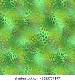 An abstract, seamless pattern featuring organic, cell-like shapes in shades of green and mottled yellow-gold. It has a biomorphic, reptilian, or tie-dye aesthetic