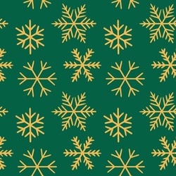 Abstract Seamless Pattern With Gold Snowflakes On Green Background 