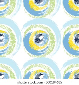 Abstract seamless pattern of grunge multicolored circles of stylized brush, pencil and crayon strokes on white background. Can be used for pattern fill, packaging, clothing, printing on surfaces.