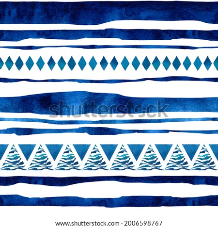 An abstract seamless pattern of the irregular ragged horizontal blue stripes, triangles and rhombuses hand drawn in watercolor isolated on a white background. Watercolor abstract seamless pattern.	
