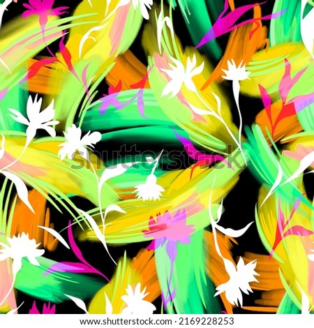 Abstract seamless pattern made of brush strokes shapes texture overlaid on simple meadow flower silhouettes. Intricate nature geometric background. Funky mixed design styles.