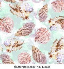 Abstract Seamless Pattern Marine Design. Seashells Background. Sealife Swatch With Watercolor Effect. Textile Print For Bed Linen, Jacket, Package Design, Fabric And Fashion Concepts.