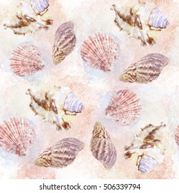 Abstract Seamless Pattern Marine Design. Seashells Aquarelle Background. Sealife Pattern With Watercolor Effect. Textile Print For Bed Linen, Jacket, Package Design, Fabric And Fashion Concepts.