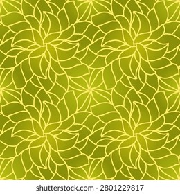 Abstract seamless pattern with organic olive green leaves gradient and bright gold lines. Aesthetic floral design perfect for nature backgrounds, textile prints, ceramic tiles, wrapping paper, packaging, and modern wallpaper