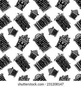 Abstract seamless pattern with panorama of the city. Houses, street. Urban hand drawn ornament. Repeated background texture. Cloth design. Wallpaper 