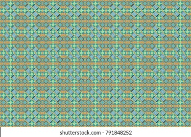 Abstract seamless pattern of a plurality stylized elements in blue, green and orange colors. Raster textured background.