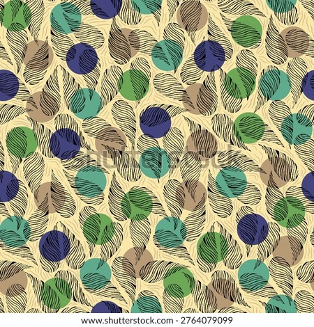 Abstract Seamless Pattern with Sketchy Leaf Outlines and Colorful Polka Dots