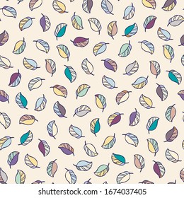 Abstract seamless pattern with smal delicate colorful leaves on a pastel background.