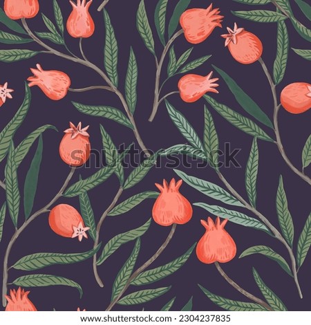 Abstract seamless pattern with stylized botanical elements of pomegranate branches and fruits.