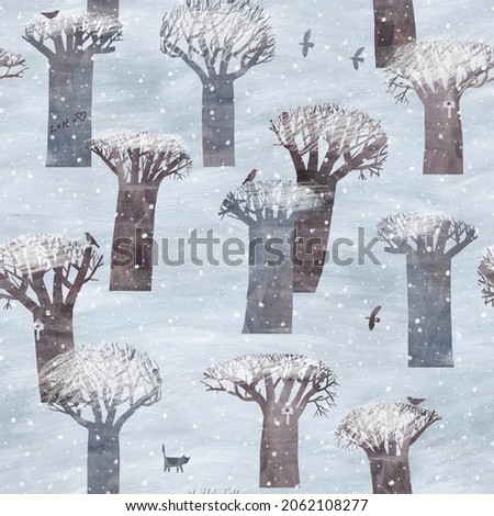 Abstract seamless pattern with winter forest. Watercolor background for various surface. Cute hand drawn textures. Winter park seamless background.