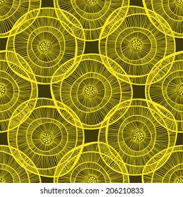 Abstract seamless pattern. Yellow decorative circles on a dark background.