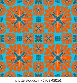 abstract seamless pattern,red,orange curves ,painted create to flowershape, leaves, blue background in geometric patterns as sarong,fabric,tile,printed fabric,batik,tablecloth patterns.	
