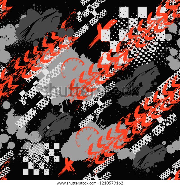 Abstract\
seamless sport pattern for girls, boys. Creative sport pattern with\
car, geometric figures ,stripes, speedometer, tires. Funny pattern\
for textile and fabric. Fashion sport\
style.