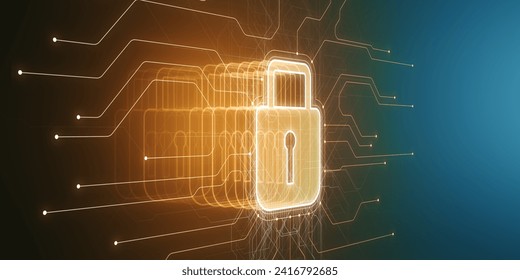 Abstract security concept with digital lock visualization in orange circuitry on navy background. 3D Rendering - Powered by Shutterstock