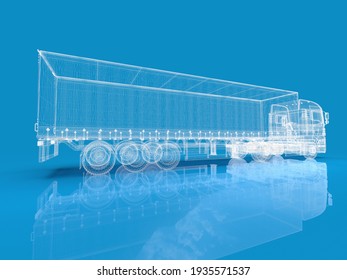 Transparent  Abstract Semi Trailer Truck Isolated on Blue, Transportation Vehicle, Delivery Transport TIR, Euro Cargo Logistic Concept, Freight Shipping, International Delivering Industry, 3D Render