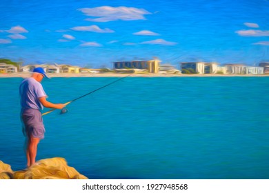 Abstract Of Senior Man Fishing From Jetty Some Distance From Beach And Residential Buildings Along The Gulf Coast On A Sunny Day In Southwest Florida, With Digital Painting Effect. 3D Rendering.