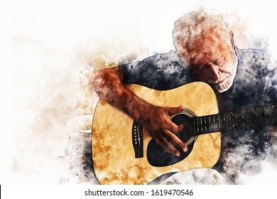 Abstract Senior Man Playing Acoustic Guitar In The Foreground On Watercolor Painting Background And Digital Illustration Brush To Art.