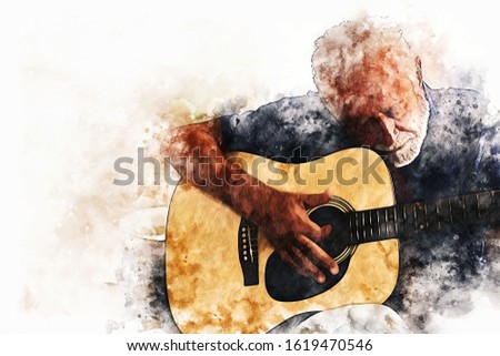 Abstract senior man playing acoustic Guitar in the foreground on Watercolor painting background and Digital illustration brush to art.