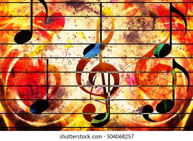 abstract set of music clefs and lines with notes, music theme graphic collage. Fire effect.