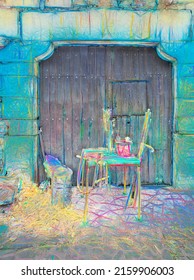 abstract shape of a rustic door with a work table and pastel tones