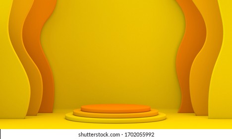 Abstract shape yellow orange mock up winner podium 3D render illustration on yellow background