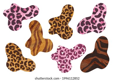 Abstract Shapes With Animal Prints Texture. Clip Art Pack Universal On White 