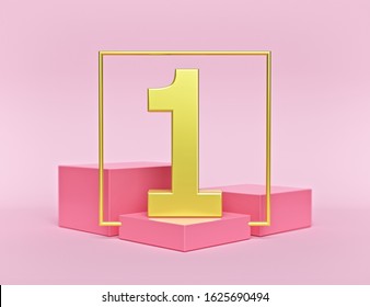 Abstract Shapes Background With Podium And Golden Number One. Concept Of First Place Winner. Minimal Style. 3d Rendering