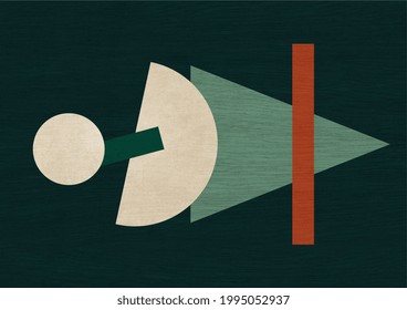 Abstract shapes on wood canvas like. Geometric artwork with earth tones. Horizontal art illustration with Bauhaus and suprematism inspiration. For print, poster and art product.