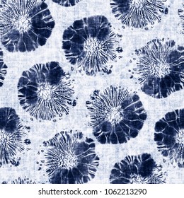 Abstract Shibori Floral Dot Motif Dyed In Mottled Shades Of Indigo And White. Seamless pattern.