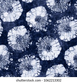 Abstract Shibori Floral Dot Motif Dyed In Mottled White And Deep Indigo Shades. Seamless Pattern.