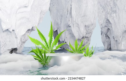 Abstract Shine Silver Cylinder Podium White Stone Platform For Displaying Cannabis Products  In Water Sea Background. 3D Rendering