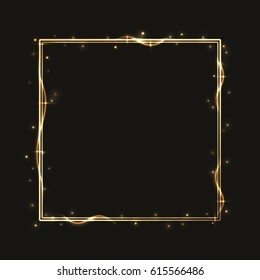 Abstract Shining Golden Square Frame With Glowing Stars.