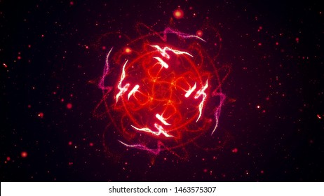 Abstract Shining Particle Flower Circle Patterns 3D Illustration. Vibrant Fireworks Light Symmetric Glowing Patterns Flow In Waves. Colorful Motion Graphics Overlay Graphic VFX Element