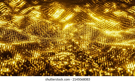 Abstract Shinny Golden Wire Net Wave Background For Product Presentation And Brand Luxury Style. ,3D Model And Illustration.