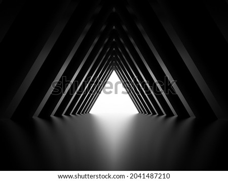 Abstract shiny black triangular tunnel with white glowing end, empty interior background, computer graphic, 3d rendering illustration