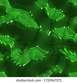 Abstract shiny green 3D rendering metal foil background. Wavy seamless pattern.	
