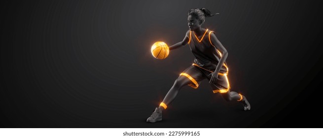 Abstract silhouette of a basketball player woman in action isolated black background. - Powered by Shutterstock