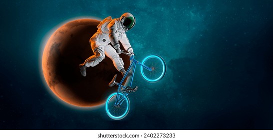 Abstract silhouette of a bmx rider, astronaut is riding on sport bicycle in space action and Earth, Mars, Moon. Cycling sport transport. 3d render - Powered by Shutterstock