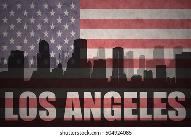 Abstract Silhouette Of The City With Text Los Angeles At The Vintage American Flag Background