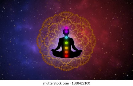 Abstract silhouette meditation man and seven chakra on gold mandala in the beautiful of the universe.