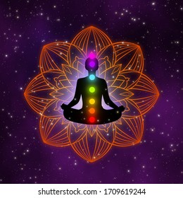 Abstract silhouette meditation man with seven chakras on copper mandala in the galaxy and beautiful stars field.