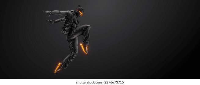 Abstract silhouette of a young hip-hop dancer, breake dancing man isolated on black background. 3d render illustration