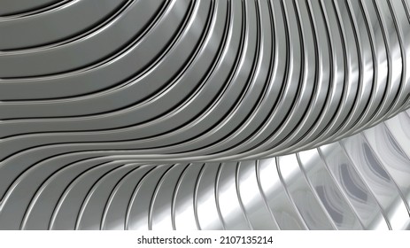 Abstract silver background with 3D waves pattern, interesting minimal chrome metal striped vector background illustration