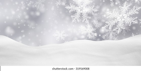 Abstract Silver Background Panorama Winter Landscape with Falling Filigree Snowflakes. Snowy Ground with Fresh Snow. Holiday Season Backdrop Template.