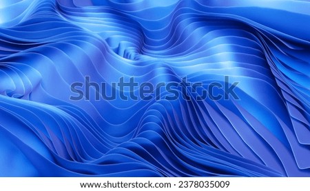 Abstract simple background with drapery layers and folded textile ruffle, blue cloth, wavy fashion wallpaper. 3D render. 3D Illustration
