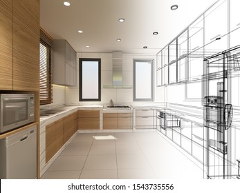 abstract sketch design of interior kitchen ,3d rendering 