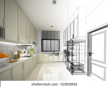 Abstract Sketch Design Of Interior Kitchen ,3d Rendering