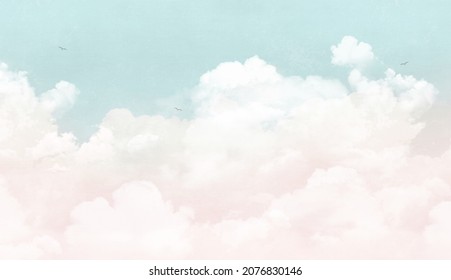 Abstract sky background in gentle color  White clouds  flying birds  pink   blue pastel gradient  Digital collage for wall printing 