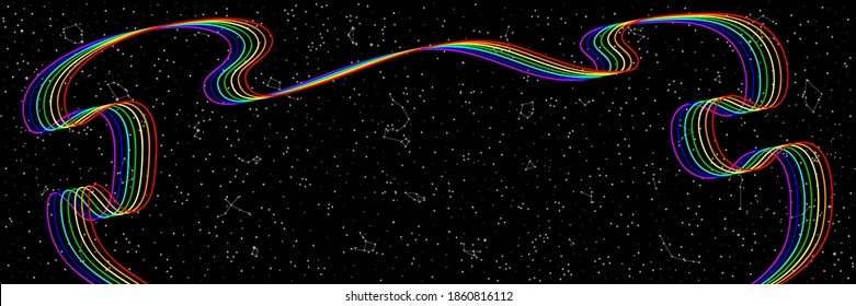 Abstract Sky Map of Hemisphere with Rainbow. Black and White Constellations on a Night Background. Raster Illustration