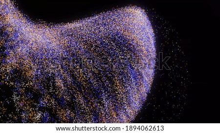 Abstract small particles immitating the synchronous movement of fish shoal underwater. Animation. 3D visualization of marine life on black background. 